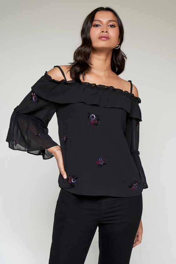 Black Embellished Off-Shoulder Top, Black, image 2